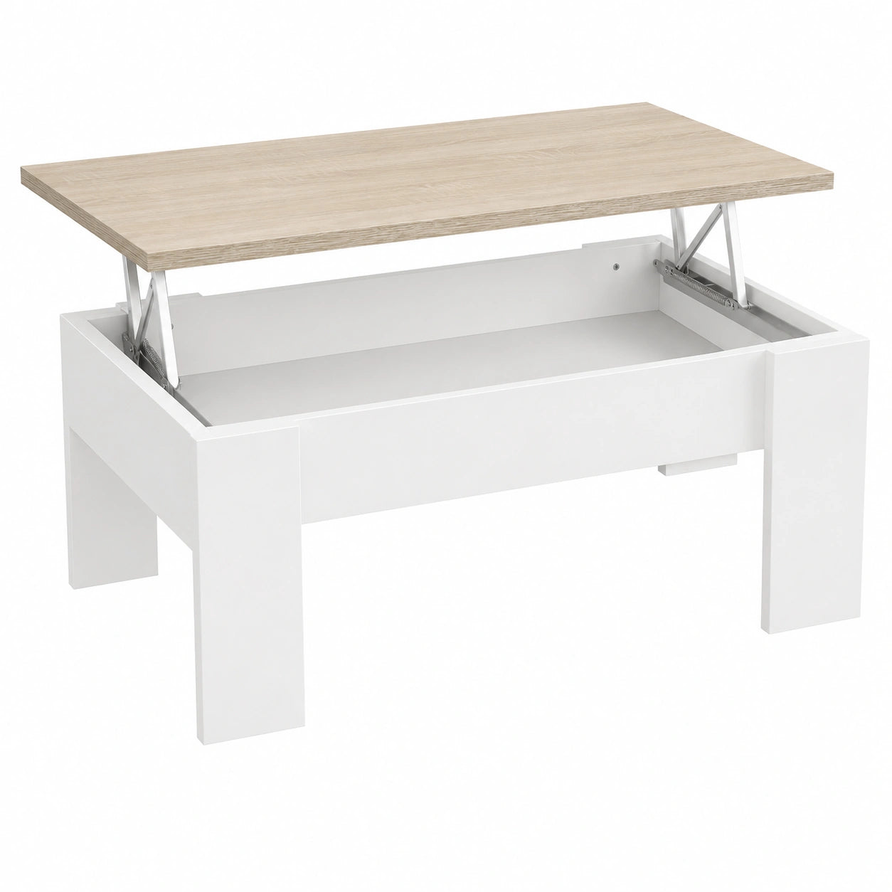 Mesa de Centro Elevable Blanca con Tapa de Roble, 90x50x46-57cm