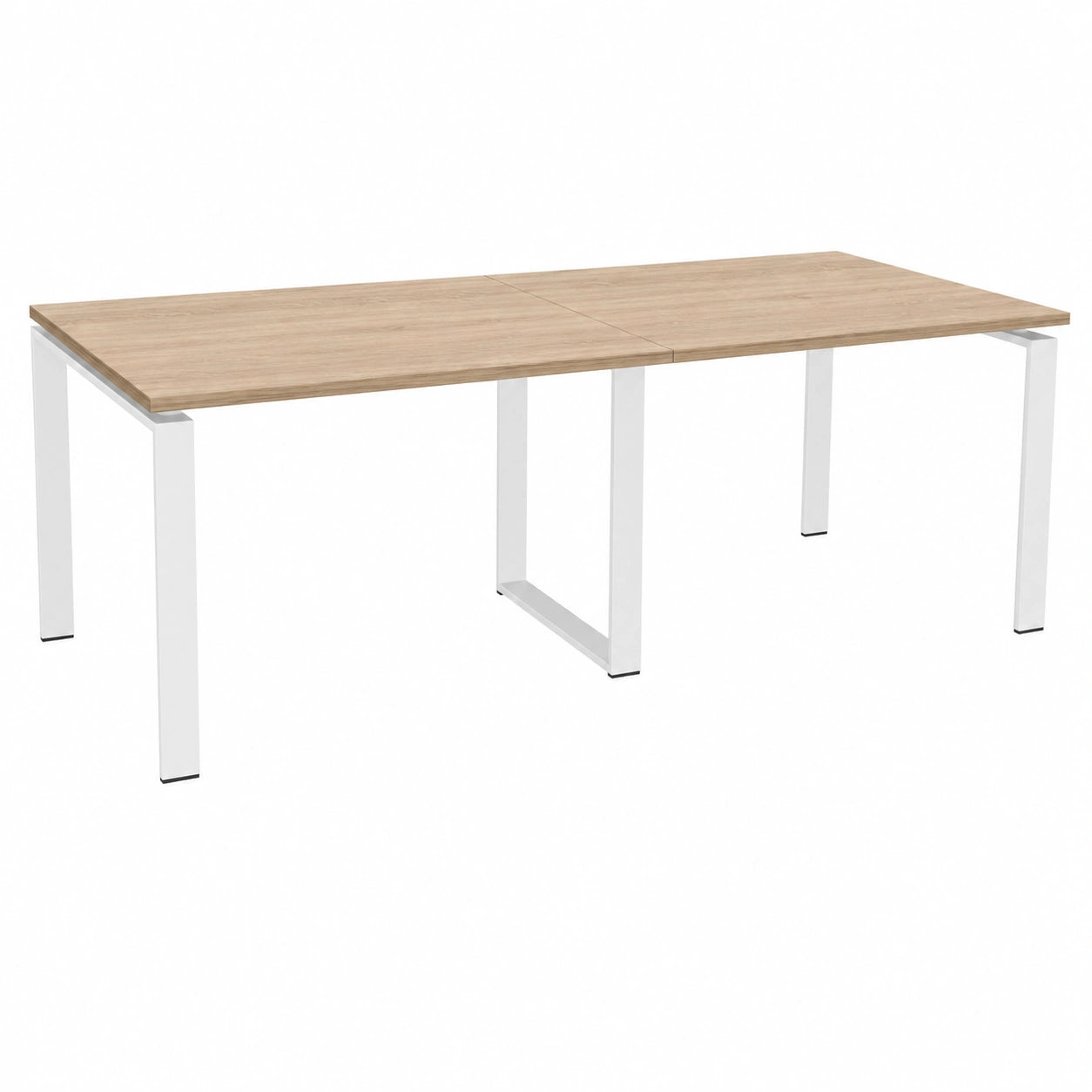 Mesa de reunión grande de roble con estructura metálica blanca
