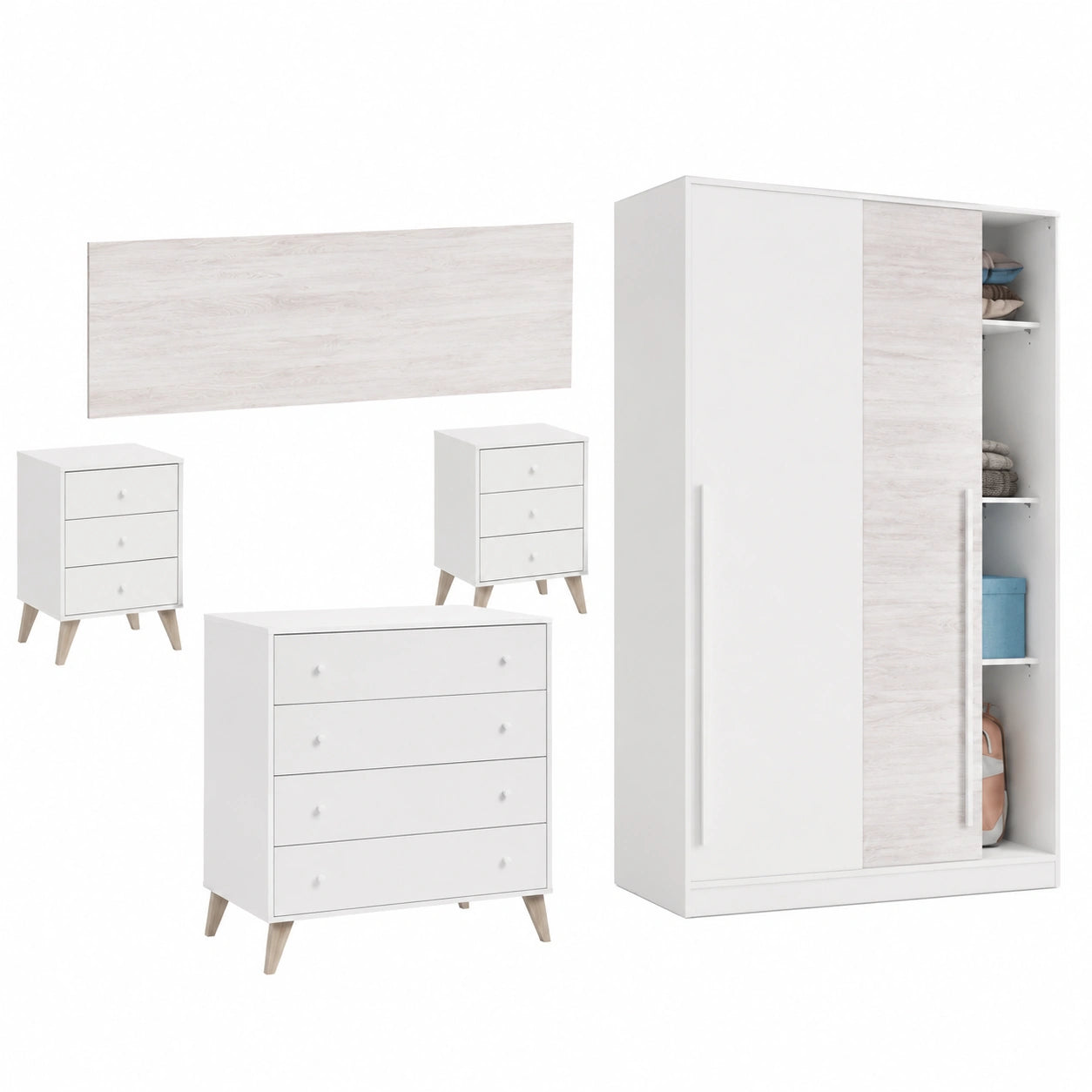 Dormitorio Completo Moderno Blanco con Cabezal y Almacenamiento