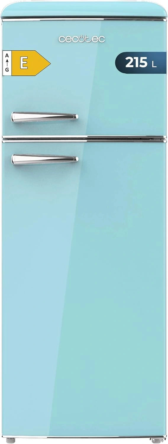 Frigor¨ªfico Retro Cecotec Bolero 215L, 2 Puertas, Azul, 148.2cm de Alto, 55.2cm de Ancho, Luz LED, Tirador Cromado, Bandejas de Cristal, Control de Temperatura