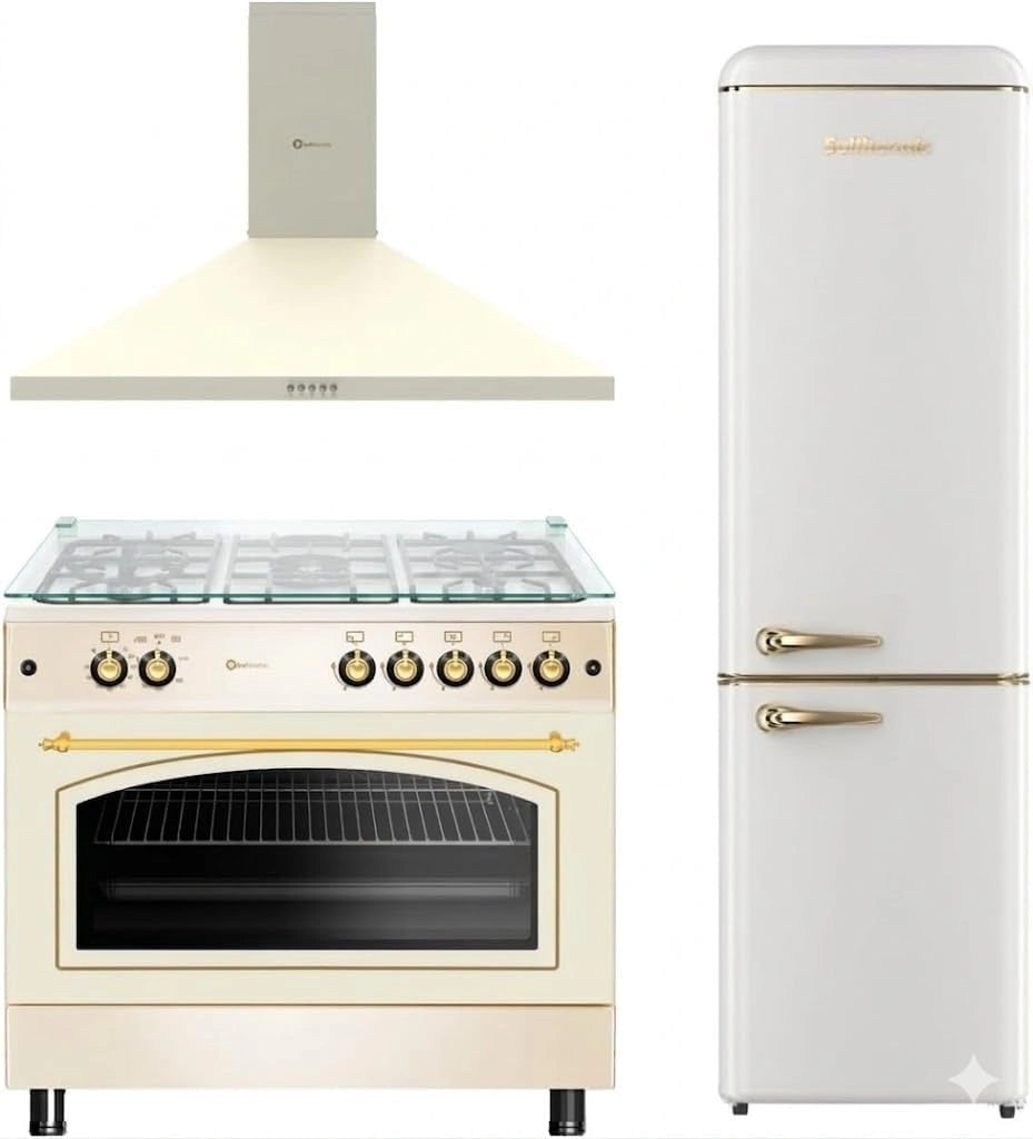 Conjunto de Cocina SOLTHERMIC 3 en 1: Horno Panor¨¢mico Dorado 90cm + Campana Decorativa + Frigor¨ªfico Combi 270L Clase C