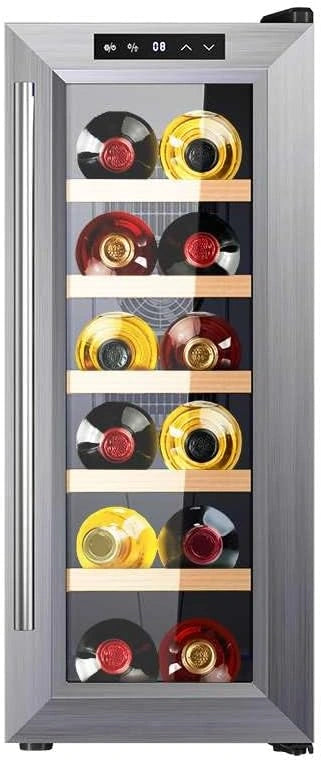 Vinoteca de 12 Botellas Cecotec Bolero GrandSommelier, Enfriador Termoel¨¦ctrico con Luz LED y Control de Temperatura, Acabado en Madera e Inoxidable