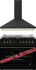 Horno El¨¦ctrico y Campana Solthermic F9L50E5RB, Acabado R¨²stico Negro con Detalles Dorados, 115L, 90cm