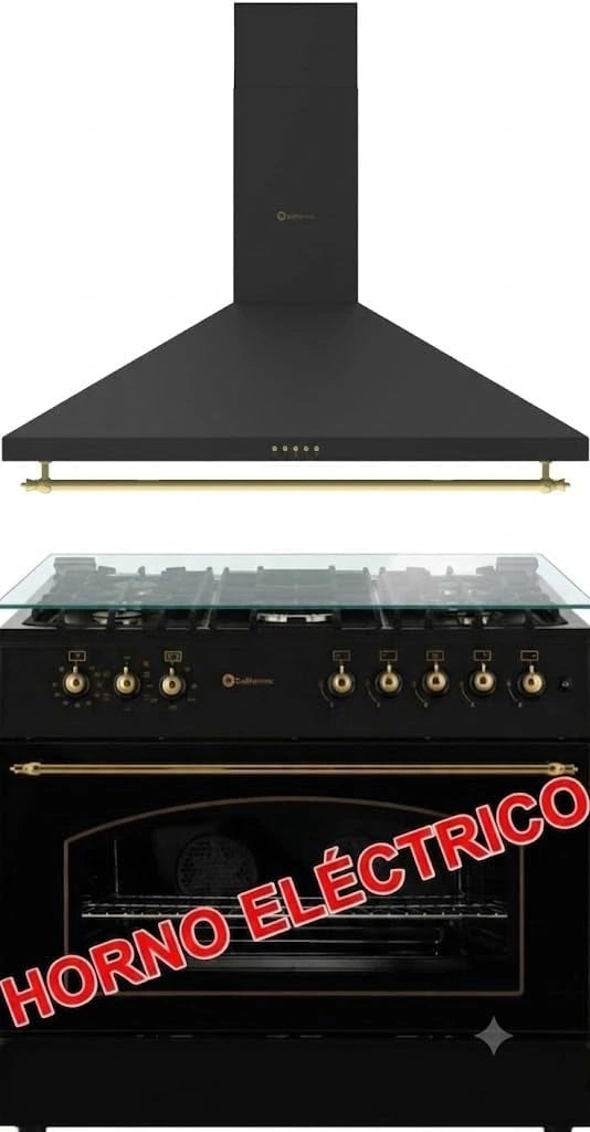 Horno El¨¦ctrico y Campana Solthermic F9L50E5RB, Acabado R¨²stico Negro con Detalles Dorados, 115L, 90cm
