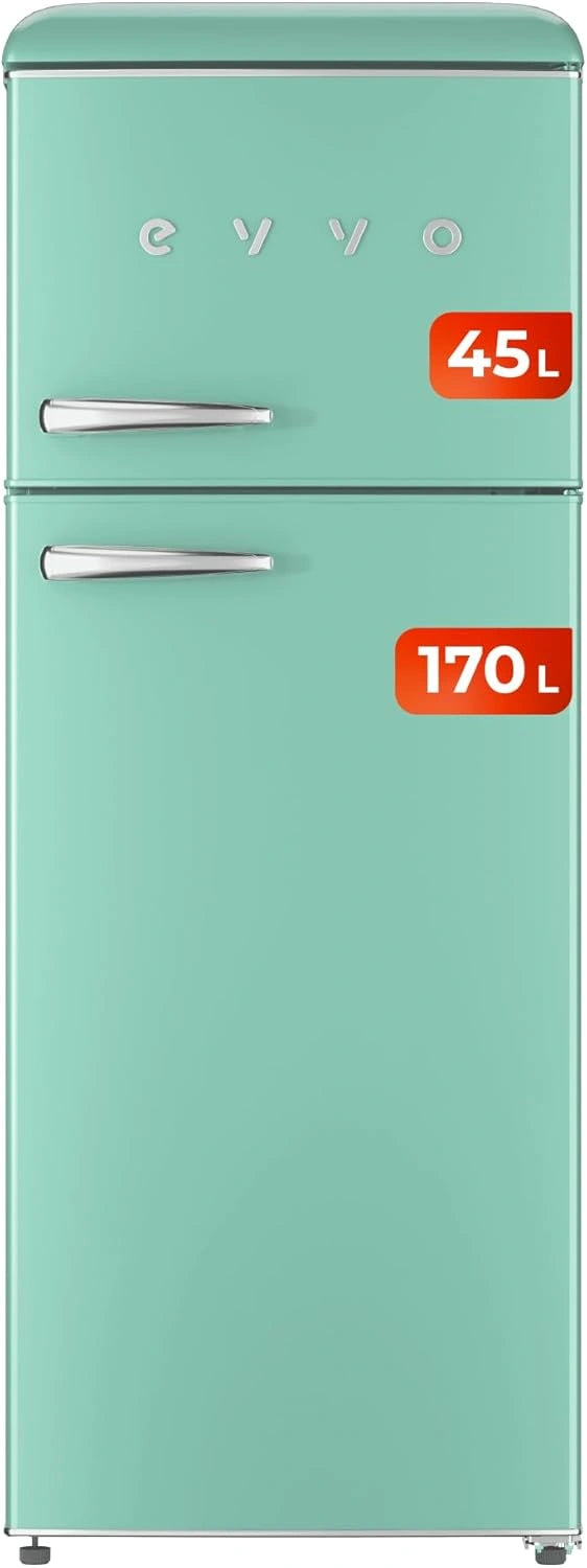 Refrigerador Retro EVVO de Doble Puerta, 215L, Zona Crisper, Sin CFC, Silencioso, Verde Pastel