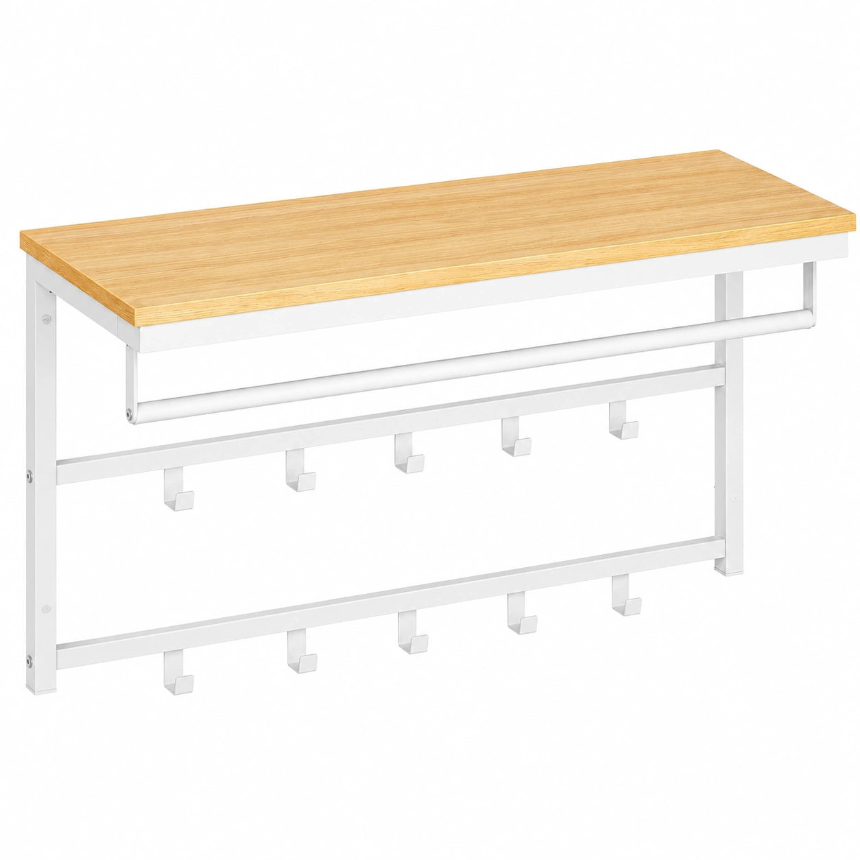 Perchero de Pared Industrial con Estante y 10 Ganchos, 80x30x42 cm, Blanco y Madera Natural