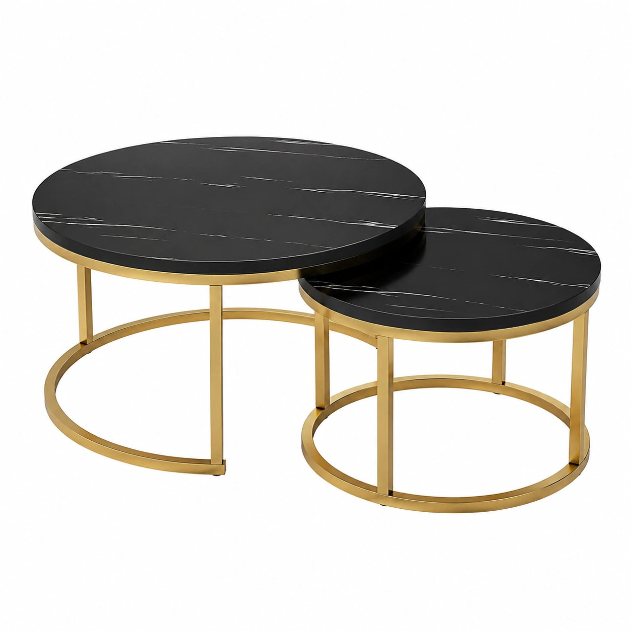 Conjunto de 2 Mesas de Centro Redondas de Mármol con Estructura Dorada, Diámetro 70+50 cm, Mesas Auxiliares Anidadas para Salón, Color Negro y Oro