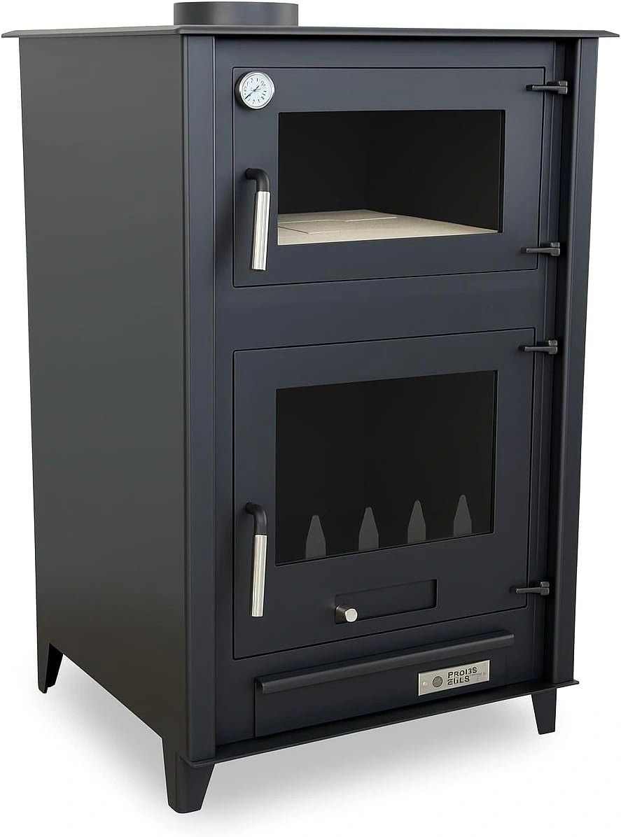 Estufa de Le?a ETNA 13 kW con Horno Refractario y Term¨®metro, Acero de 4 mm, ECODESIGN 2022, Salida Superior de 150 mm