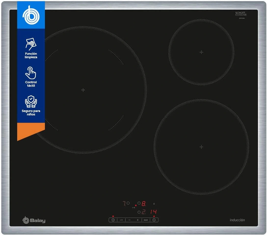 Placa de inducci¨®n Balay 60 cm, 3 zonas, funci¨®n Sprint, control t¨¢ctil programable, marco de acero inoxidable, negro