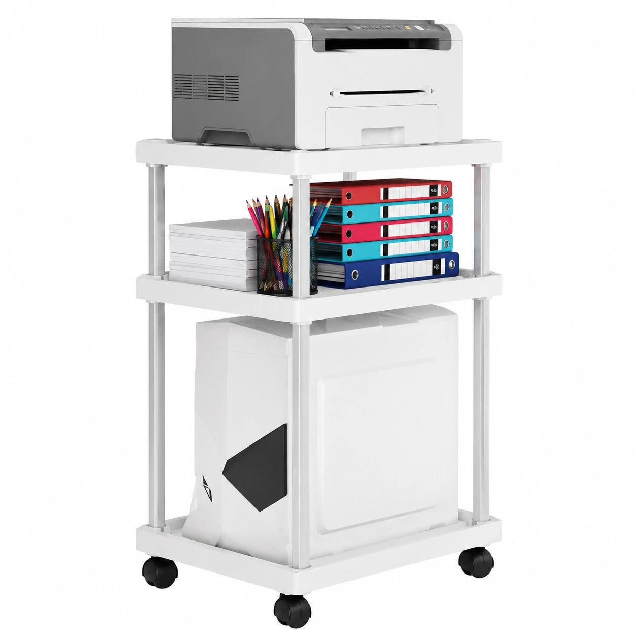 Estante móvil para torre de PC con 3 niveles, soporte para CPU e impresora, ideal para oficina en casa, blanco