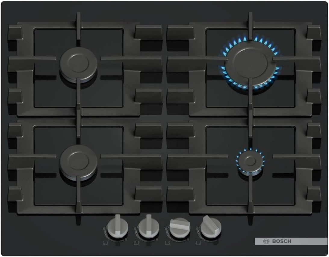 Bosch Serie 4 - Placa de gas de 60 cm, cristal templado, parrillas de hierro fundido lavables, color negro