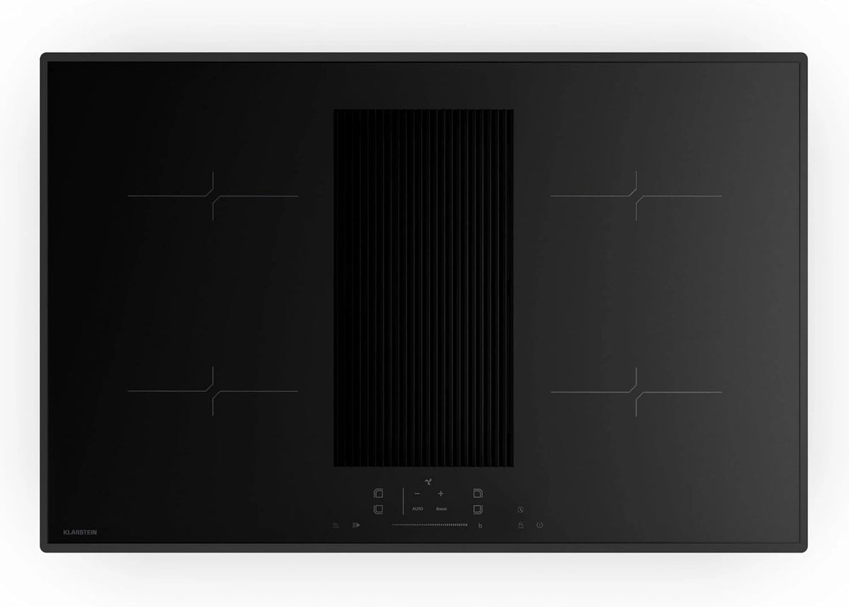 Placa de Inducci¨®n Klarstein Velaire Flex con Extractor Integrado, 80cm, 4 Zonas de Cocci¨®n, Boost de 8400W, Control T¨¢ctil, Campana de 597m3/h, Temporizador y Bloqueo para Ni?os, Vidrio Negro