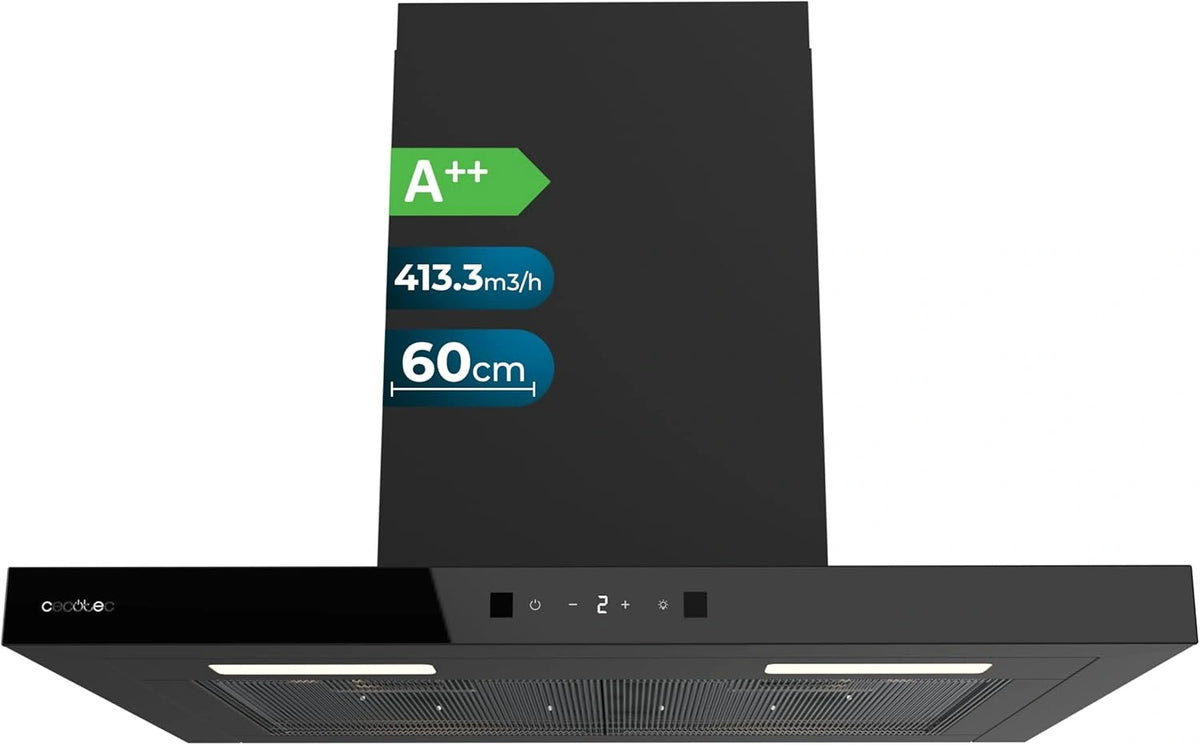 Campana Extractora Cecotec Bolero Flux TT Negra, 60cm, Potente Succi¨®n 413,3m3/h, Clase Energ¨¦tica A++, Control T¨¢ctil y Movimiento, Funci¨®n Booster, Filtros Reutilizables