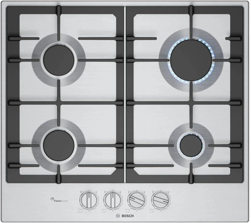 Placa de Gas Bosch Serie 6 de 60 cm, FlameSelect, Parrillas de Hierro Fundido