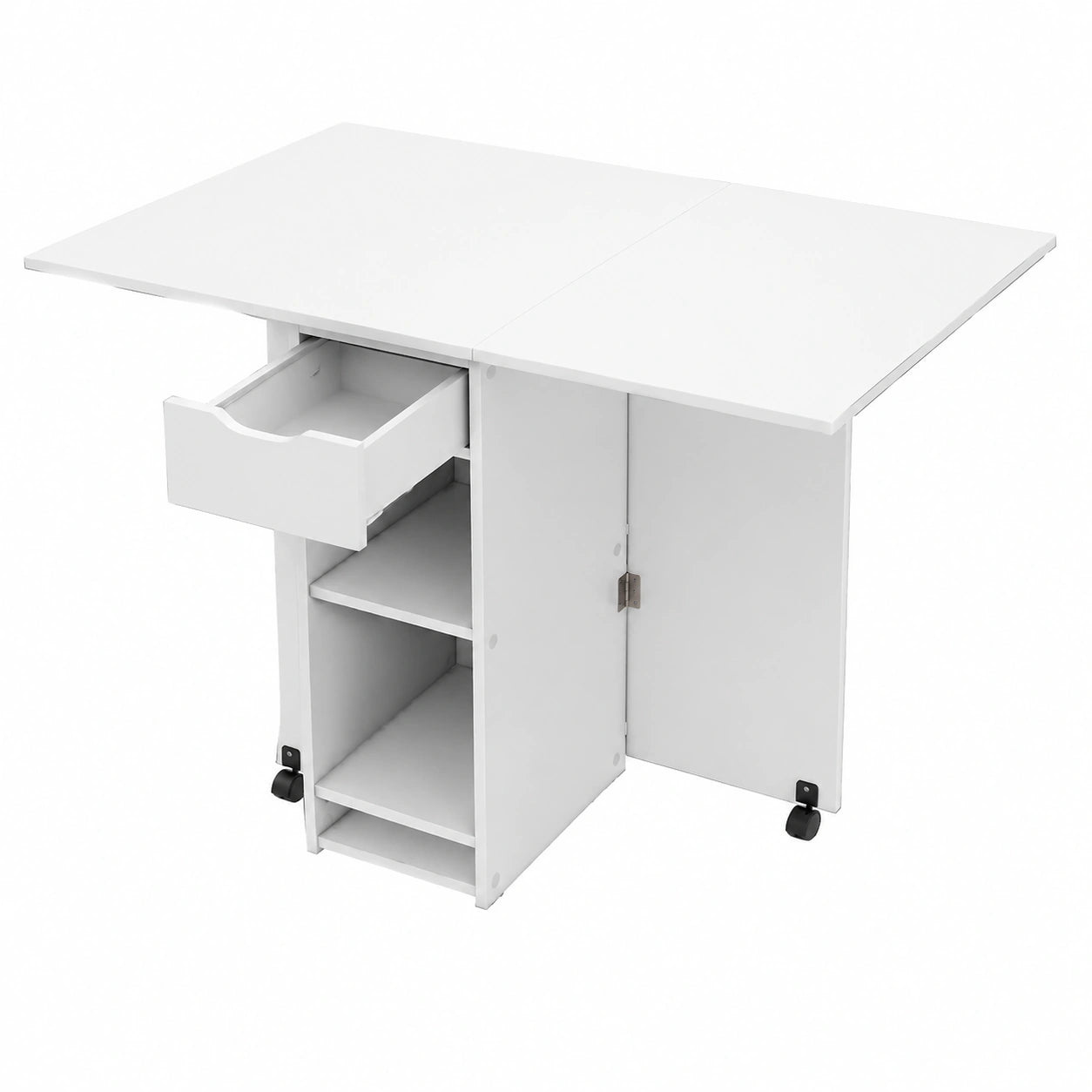 Mesa de Comedor Plegable Multifuncional con Ruedas y Almacenamiento, Blanca