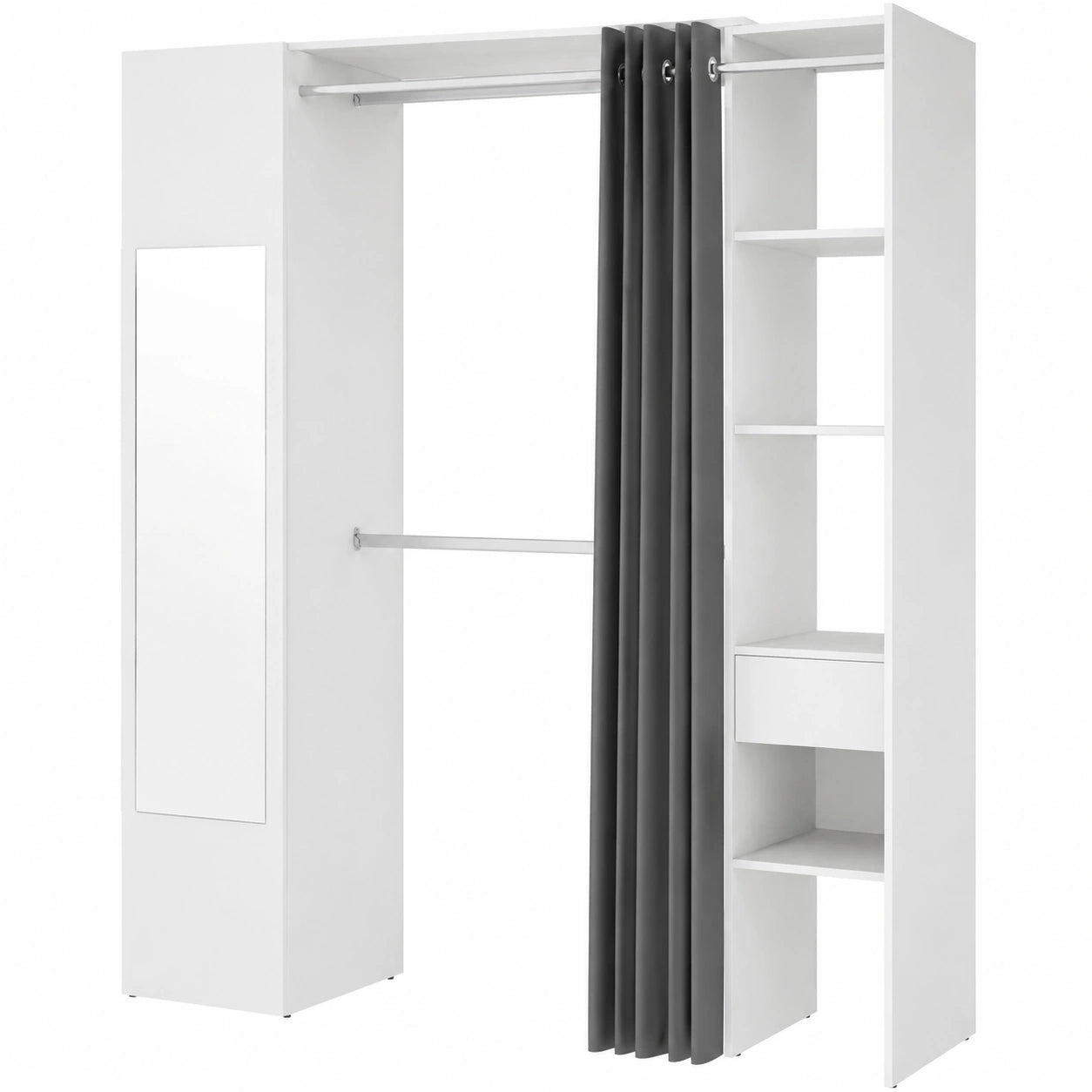 Armario Vestidor Multifuncional con Espejo y Cortina, Blanco, 205x176x50 cm