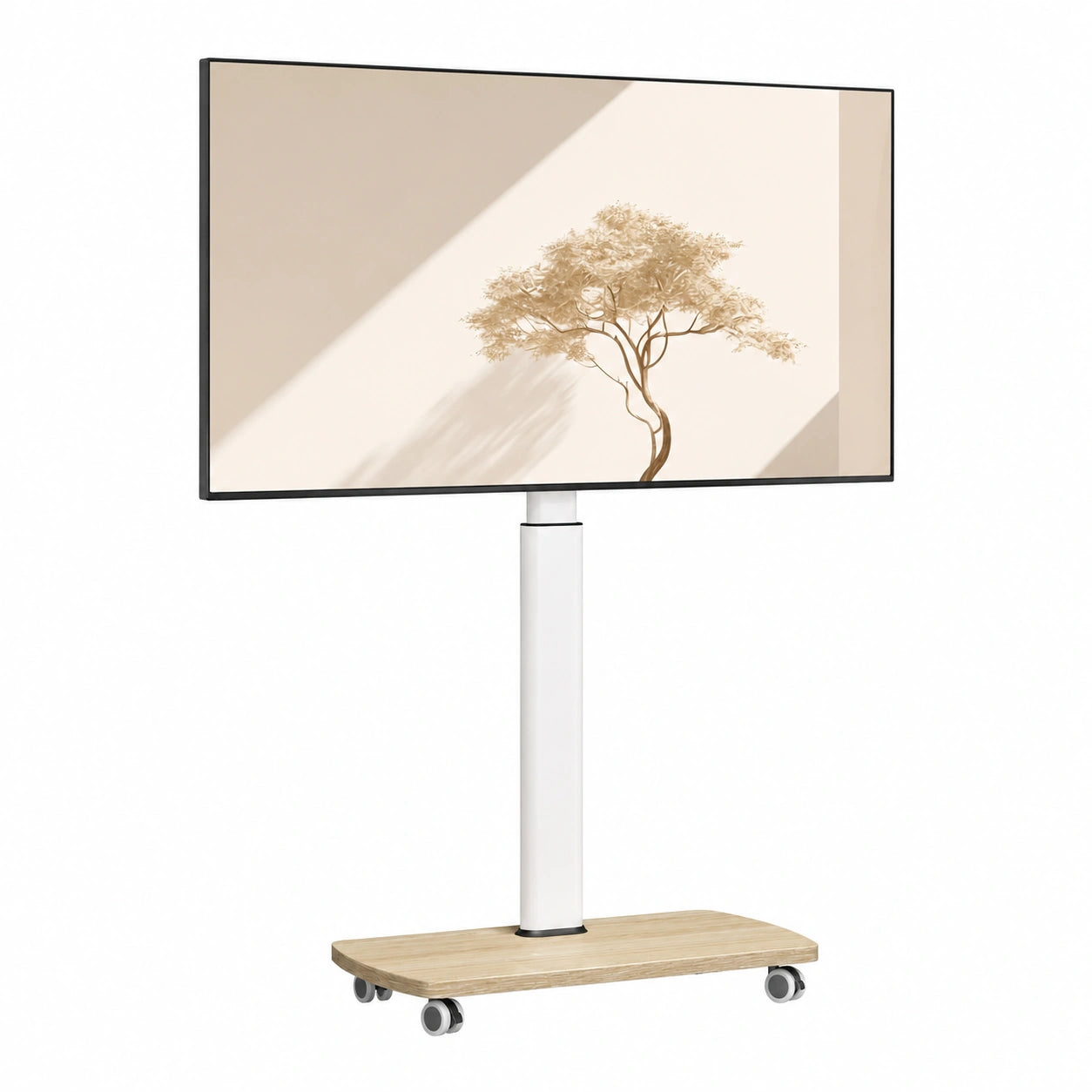 AOKCOS Soporte de TV Móvil con Estante de Madera y Ruedas, Ajustable y Giratorio para Pantallas de 43-75 Pulgadas, Soporta hasta 50 kg