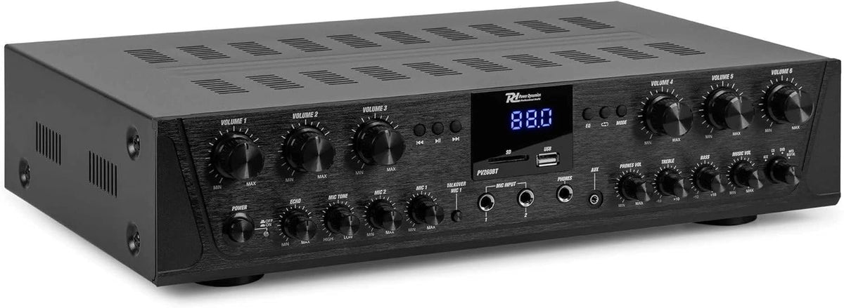 Amplificador Multisala 6 Canales Bluetooth FM USB para Hogar y Oficina