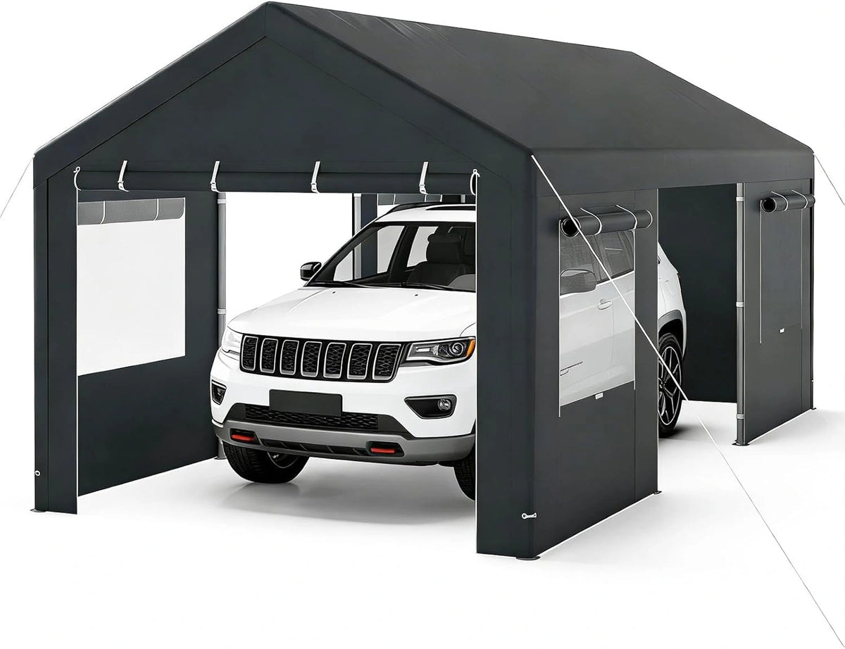 Garaje Port¨¢til Impermeable de PE para Coche, SUV y Moto, 3x5.8 m, con Ventanas y Puertas Desmontables, Gris