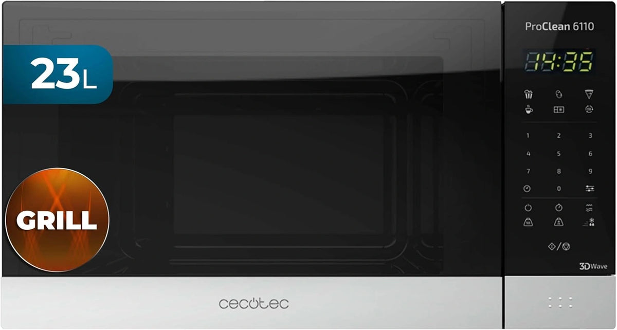 Microondas Cecotec ProClean 6110, 800W con Grill 1000W, 23L, Acero Inoxidable y Tecnolog¨ªa 3DWave