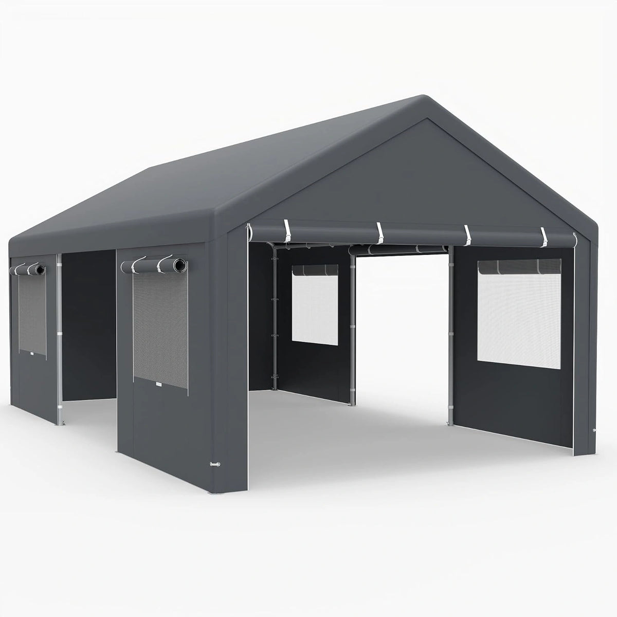 Garaje Port¨¢til Impermeable para Coche 3.6x6m, con Ventanas y Puertas Desmontables, Lona de PE, Color Gris