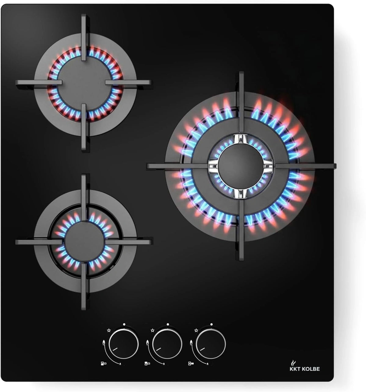 KKT KOLBE Placa de Gas 45 cm Cristal Negro | 3 Quemadores 6,2 kW con Zona Wok | Mandos Giratorios, Parrillas Hierro Fundido | Compatible con Gas Natural y Propano