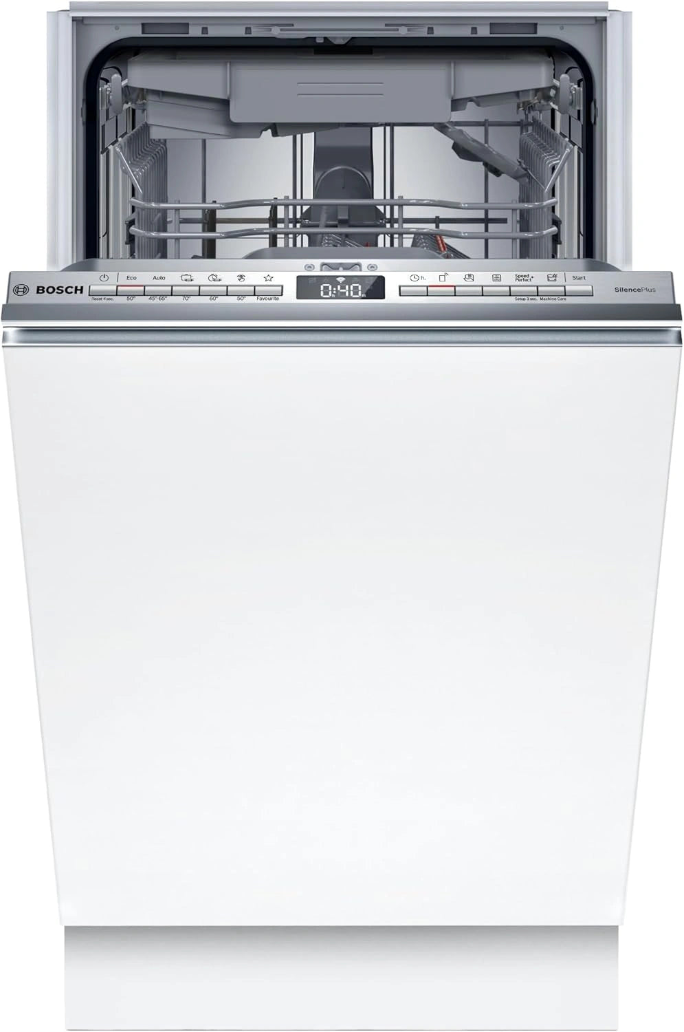 Bosch Lavavajillas Integrado Serie 4, 10 Servicios, 45 cm Ancho, Modelo Silencioso, Tercera Bandeja para Cubiertos, Blanco