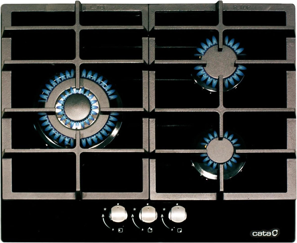 Placa de Gas en Cristal Cata LCIB 6021 BK 3 Quemadores, Butano, Negro