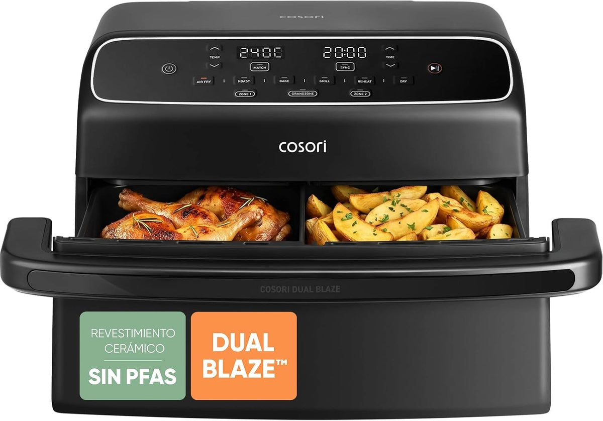 Freidora de Aire Cosori Dual Blaze 8,6L, Resistencia Doble, Sin PFAS, Cesta Dual con Divisor, Multicocina 6 en 1, 2700W