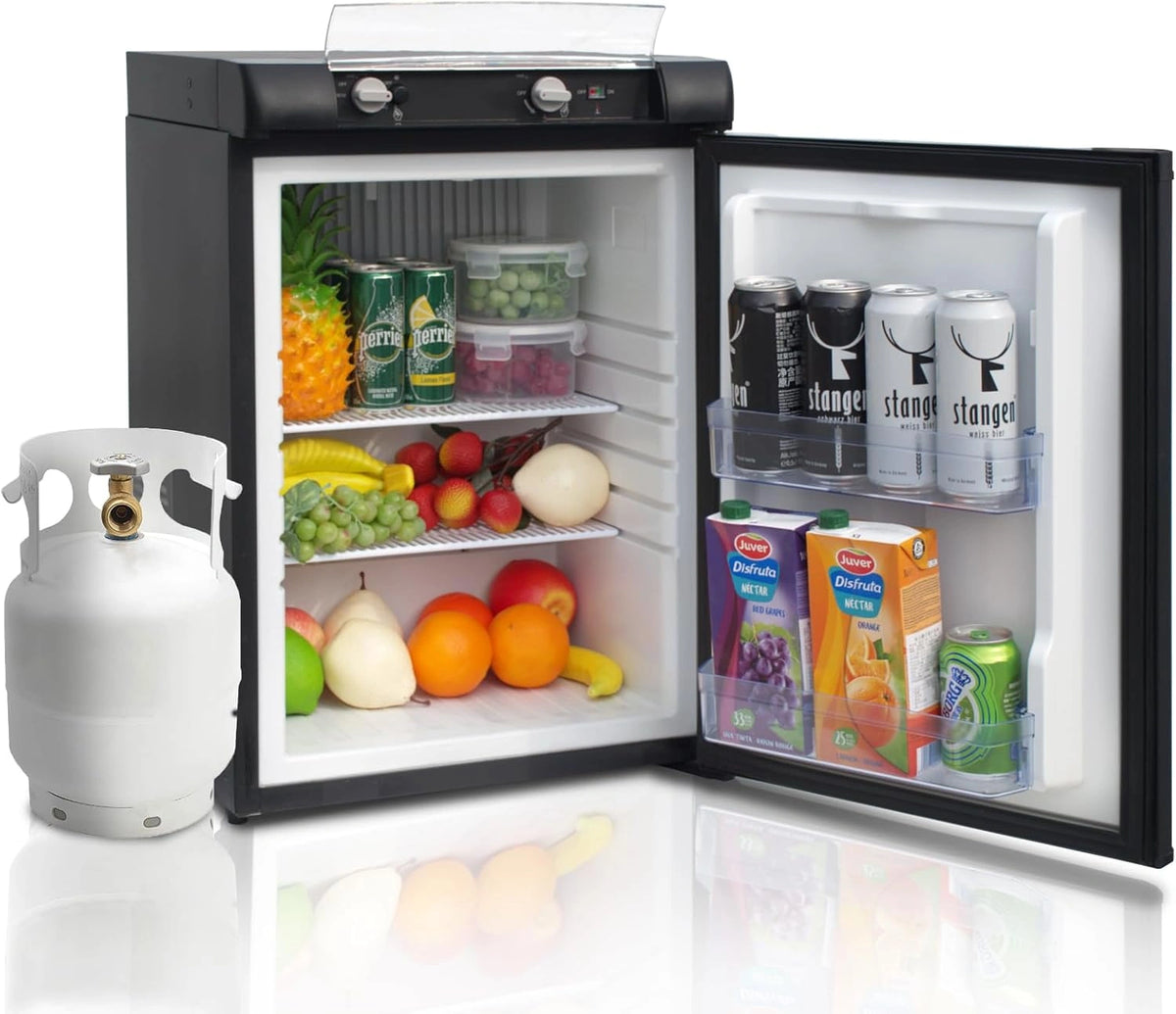 Frigor¨ªfico Trivalente 40L, Port¨¢til a Gas Butano, 12V/220V, para Camper y Camping, Silencioso, Color Negro