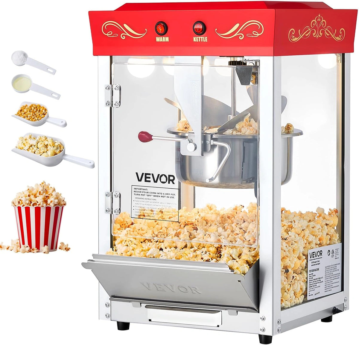 M¨¢quina de Palomitas VEVOR, 800W, Hervidor Inoxidable, 48 Tazas, Estilo Cine, Roja