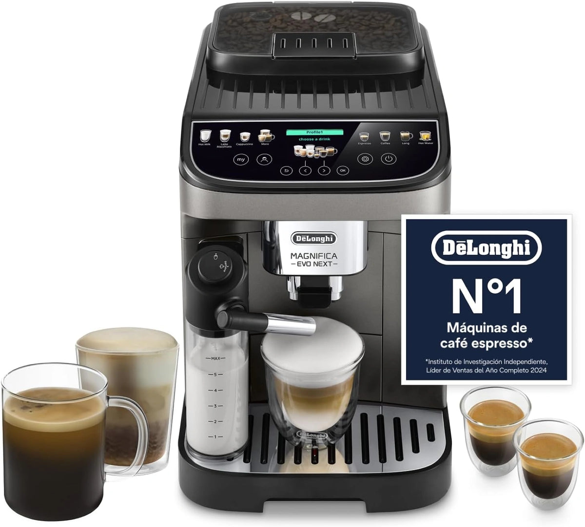 Cafetera Autom¨¢tica De'Longhi Magnifica Evo con Sistema LatteCrema, 13 Bebidas, Pantalla T¨¢ctil, Titanio/Negro