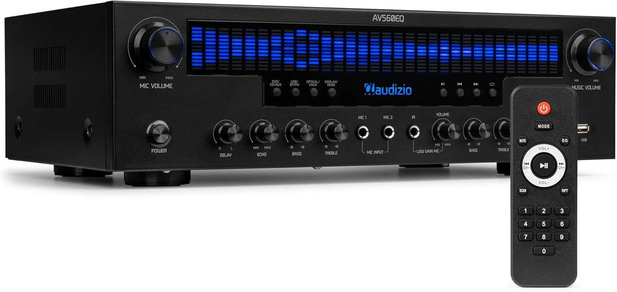 Audizio AV560EQ - Amplificador 5.1, Bluetooth, USB, FM, ¨®ptica, Coaxial, Micro con Eco, 390W, Negro