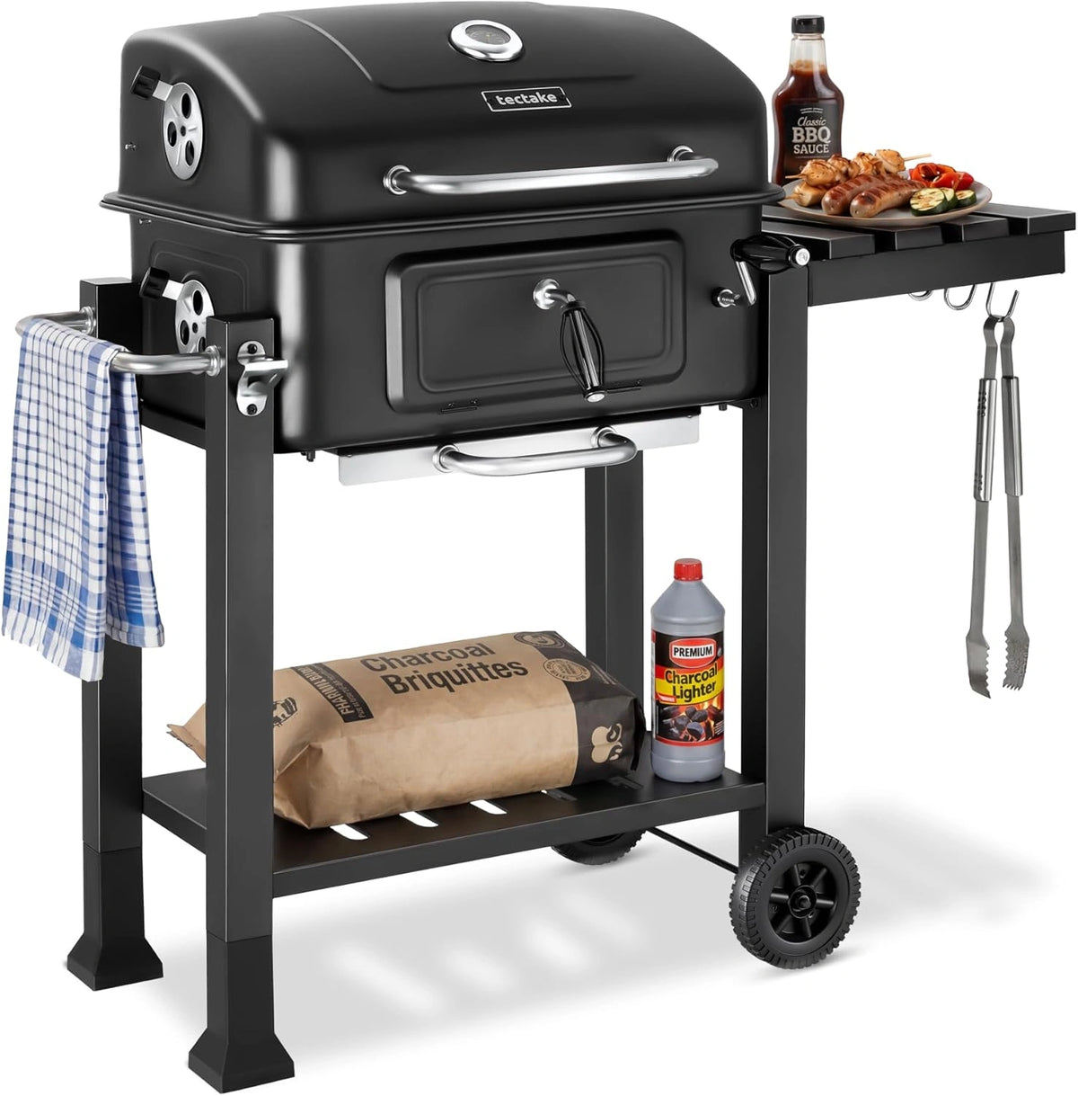Parrilla de Carb¨®n con Tapa y Ahumador, Barbacoa port¨¢til con Term¨®metro y Rodas