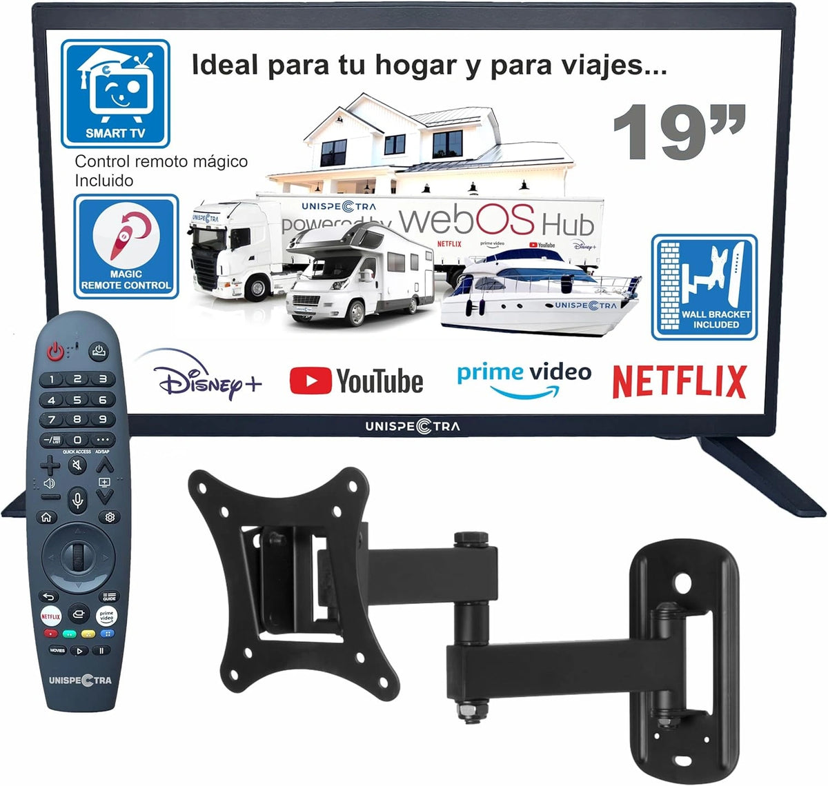 Unispectra 19 Smart TV webOS ELED con Control Remoto M¨¢gico, Compatible con 230v y 24v. Sintonizador Triple TDT, Sat¨¦lite y Cable. Ideal para Autocaravanas y Barcos
