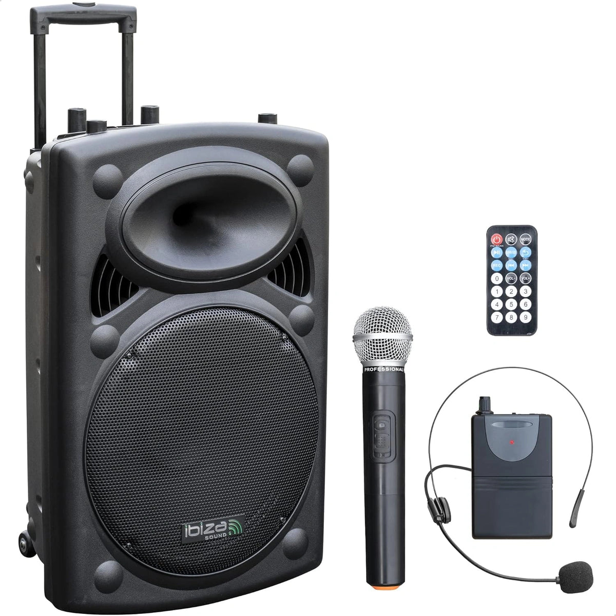 Altavoz Port¨¢til Ibiza 15'' con Micr¨®fonos VHF y Trolley