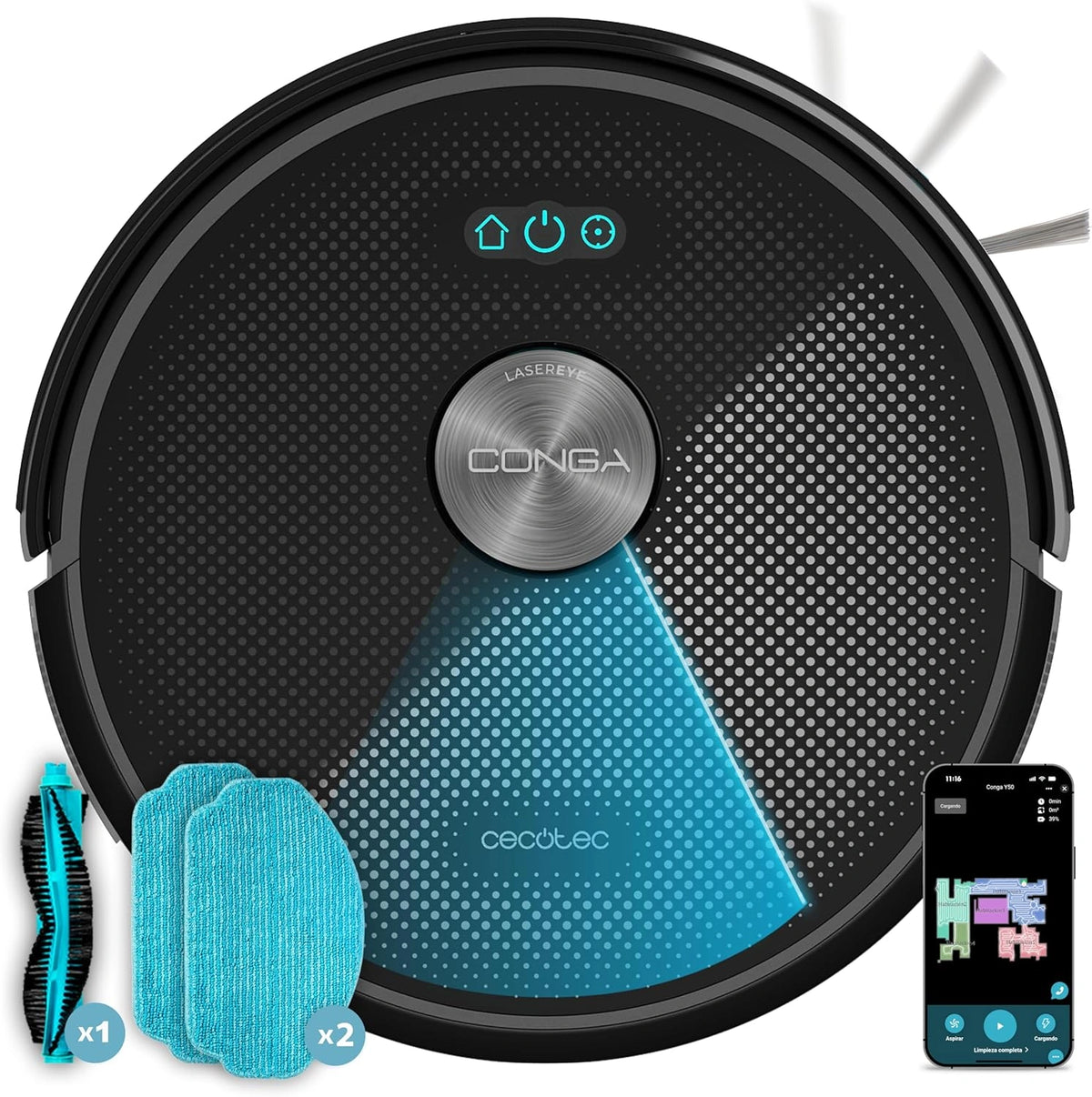Aspirador Robot Cecotec Conga M50 X-Treme con Navegaci¨®n L¨¢ser y Control por App, 5000Pa, M¨²ltiples Modos de Limpieza, Cobertura de 160m2, Sensores Inteligentes