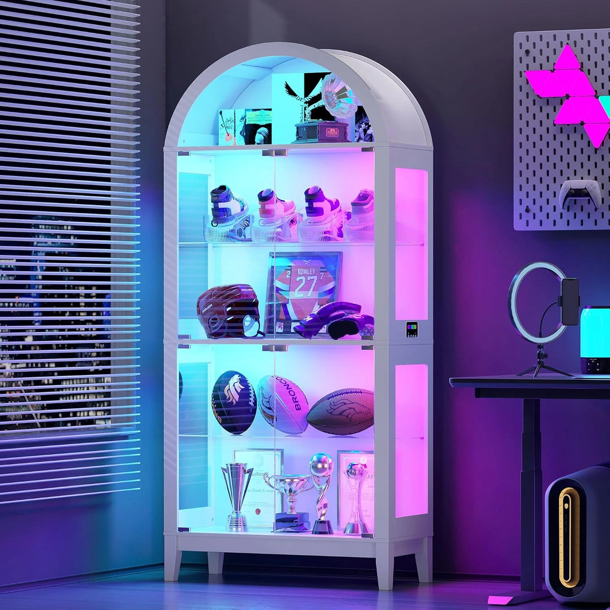 Gurexl Vitrina de Cristal RGB 175 CM con Luces y Sensor, Librer¨ªa y Vinoteca con 2 Estantes Ajustables, 5 Niveles para Colecciones en Sal¨®n, Dormitorio y Sala de Juegos, Color Blanco