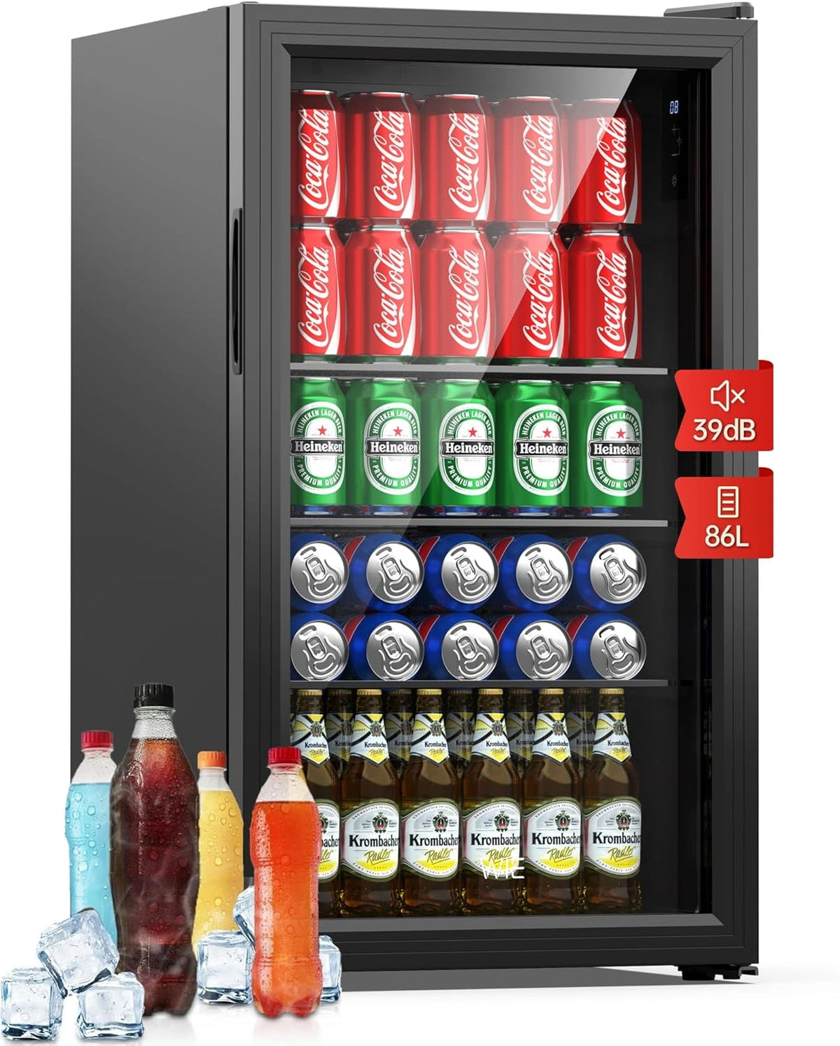 Mini Nevera WIE, Refrigerador de Bebidas con Cristal, Estantes Ajustables, Control Digital, Puerta Reversible, Ideal para Hogar/Bar/Oficina/Hotel (Negro, 86L)