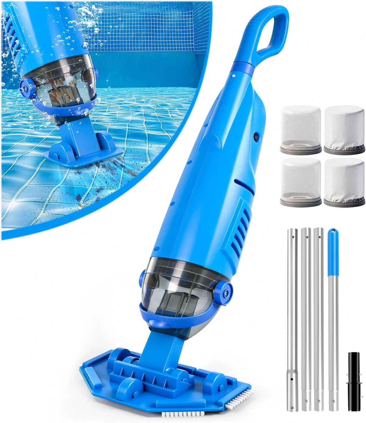 Aspirador Inal¨¢mbrico para Piscina LanBlu, 2.5m con Varilla Telesc¨®pica, 4200L/H, 4 Filtros, Dise?o Antirretorno