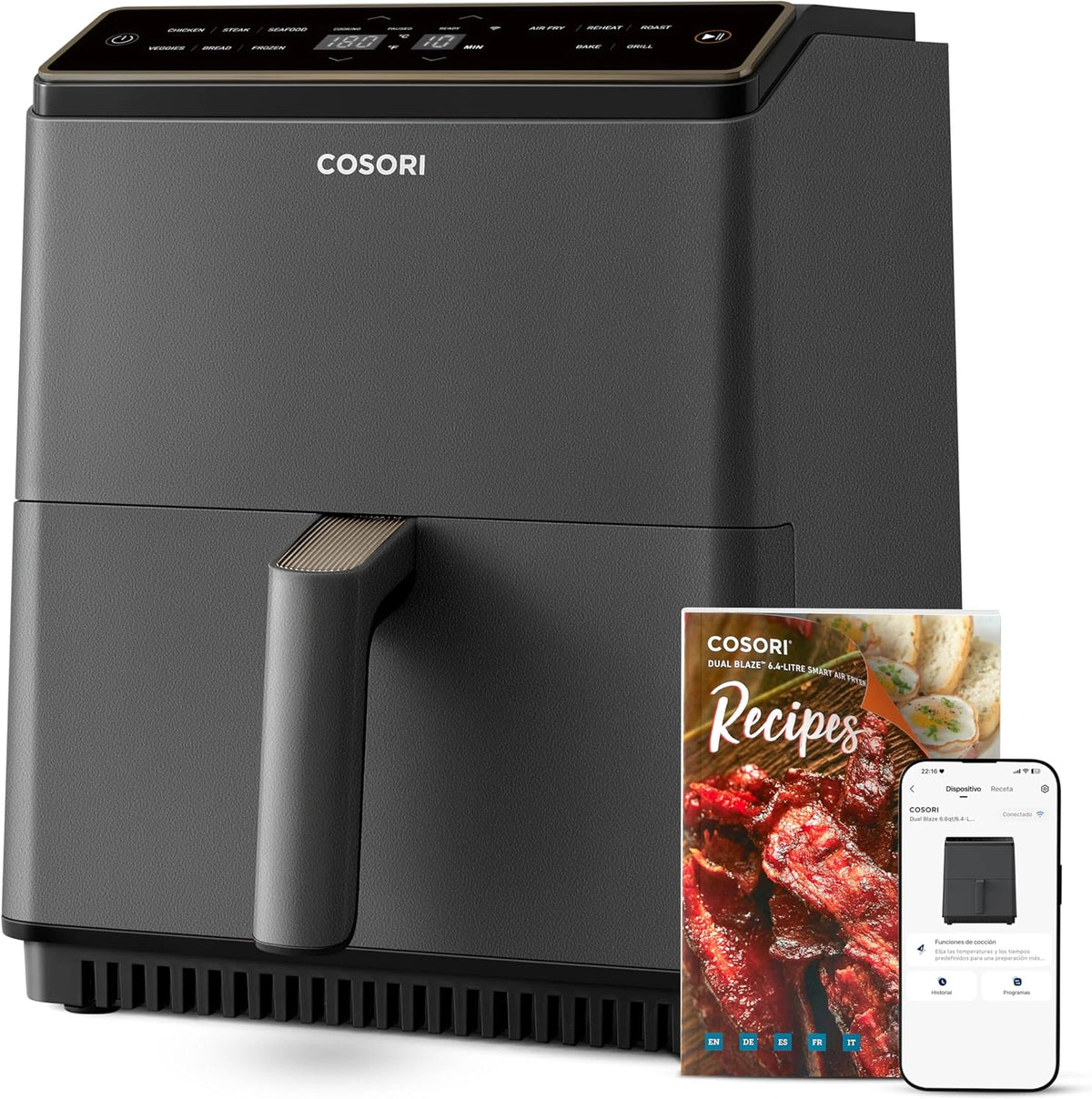 Freidora de Aire Cosori Dual Blaze WiFi 6,4L, 11 Funciones, Ajuste de Temperatura y Tiempo, M¨¢s de 90 Recetas en Espa?ol, Compatible con Lavavajillas, Color Gris